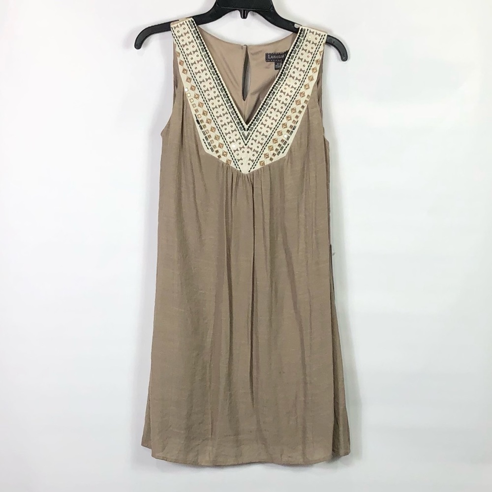 Luxology NWT brown sleeveless embellished Vneck dress size small women’s